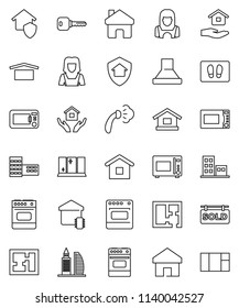 thin line vector icon set - welcome mat vector, steaming, shining window, house hold, cleaner woman, microwave oven, school building, dry cargo, home, key, plan, sold signboard, apartments, office
