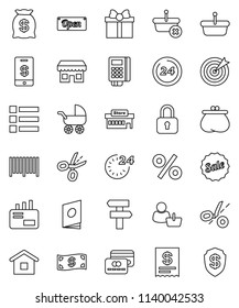 thin line vector icon set - gift vector, credit card, wallet, cash, money bag, sale, open, 24 hour, percent, store, mall, customer, target, barcode, reader, receipt, basket, home, mail, catalog