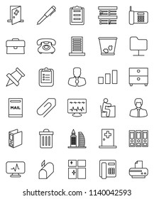 thin line vector icon set - trash bin vector, shining window, student, pen, clipboard, paper pin, archive, exam, manager, case, binder, phone, sorting, diagnostic monitor, medical room, attachment