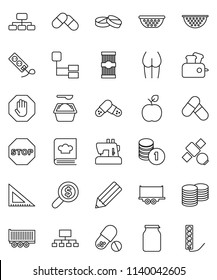 thin line vector icon set - washing powder vector, colander, cookbook, jar, pasta, pencil, corner ruler, apple fruit, coin stack, money search, hierarchy, buttocks, pills, satellite, truck trailer