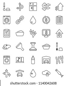 thin line vector icon set - scraper vector, water drop, car fetlock, toilet brush, washer, foam basin, shining window, exchange, dollar growth, monitor, bottle, route, chromosomes, cloud lock, chain