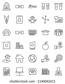 thin line vector icon set - clothespin vector, house hold, apple fruit, constellation, investment, personal information, any currency, heart monitor, phone, truck trailer, port, dry cargo, vial