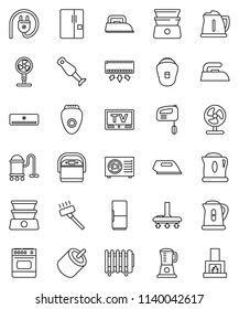 thin line vector icon set - vacuum cleaner vector, iron, kettle, double boiler, blender, tv, rca, air conditioner, ari condition, fridge, power plug, mixer, multi cooker, oven, epilator, fan, heater