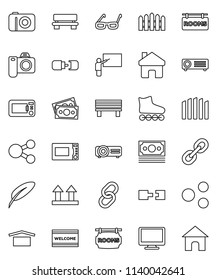 thin line vector icon set - welcome mat vector, microwave oven, pen, blackboard, glasses, roller Skates, money, dry cargo, top sign, monitor, link, share, home, bench, connection, fence, camera