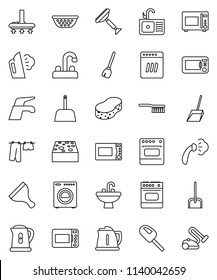 thin line vector icon set - scraper vector, broom, water tap, vacuum cleaner, fetlock, scoop, sponge, steaming, drying clothes, sink, kettle, colander, microwave oven, washer, dishwasher