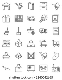 thin line vector icon set - scoop vector, washing powder, cereal, archive, binder, safe, wood box, cargo, no trolley, warehouse, package, search, mailbox, relocation truck, gift, cashbox, basket