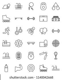 thin line vector icon set - target vector, barbell, stadium, weight, jump rope, hand trainer, punching bag, muscule, boxing glove, shorts, roller Skates, skateboard, medal, water bottle, fitness mat