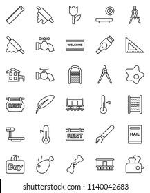 thin line vector icon set - water tap vector, splotch, welcome mat, washboard, rolling pin, thermometer, chicken leg, pen, corner ruler, drawing compass, Railway carriage, tulip, big scales, hdmi