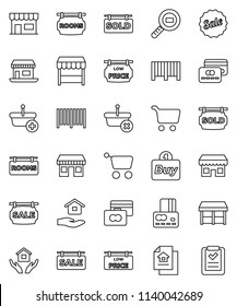 thin line vector icon set - house hold vector, cart, credit card, office, cargo search, estate document, sale signboard, rooms, sold, low price, market, store, buy, barcode, basket, shopping list