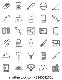 thin line vector icon set - camping cauldron vector, knife, grater, toaster, blender, dish, pen, award cup, gold ingot, safe, hand trainer, consolidated cargo, battery, scalpel, tooth implant
