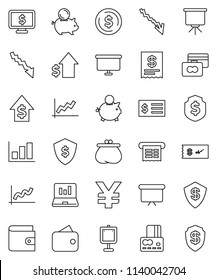 thin line vector icon set - presentation vector, dollar coin, graph, laptop, credit card, wallet, crisis, piggy bank, growth, receipt, board, shield, monitor, yen sign, check