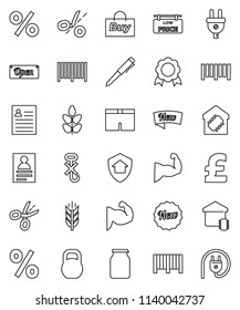 thin line vector icon set - jar vector, pen, medal, personal information, pound, muscule hand, shorts, cereals, no hook, weight, barcode, low price signboard, smart home, protect, new, open, percent