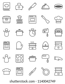 thin line vector icon set - pan vector, cook hat, apron, glove, timer, spatula, knife, oven, double boiler, cookbook, sieve, dish, mixer, multi cooker, toaster