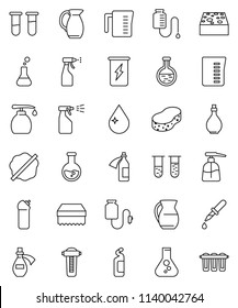 thin line vector icon set - sponge vector, water drop, splotch, liquid soap, sprayer, cleaning agent, oil, measuring cup, jug, flask, enegry drink, vial, dropper, potion, counter, filter