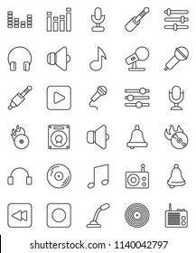 thin line vector icon set - bell vector, music, disk, hit, microphone, radio, speaker, equalizer, headphones, play button, backward, rec, jack