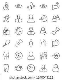 thin line vector icon set - student vector, manager, man, muscule hand, buttocks, bone, run, client, group, disabled, eye, pregnancy, insemination, chromosomes, sperm, ovule, tooth, user, login