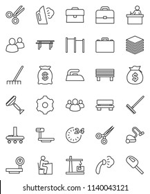 thin line vector icon set - scraper vector, vacuum cleaner, rake, iron, steaming, student, case, money bag, horizontal bar, big scales, group, scissors, data, gear, bench, construction crane