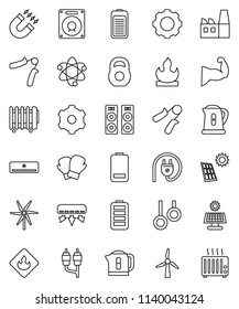 thin line vector icon set - kettle vector, atom, magnet, weight, hand trainer, muscule, boxing glove, gymnast rings, flammable, battery, rca, gear, solar panel, windmill, air conditioner, factory