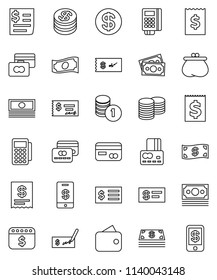 thin line vector icon set - credit card vector, cash, coin stack, check, receipt, dollar calendar, money, wallet, reader, tap pay
