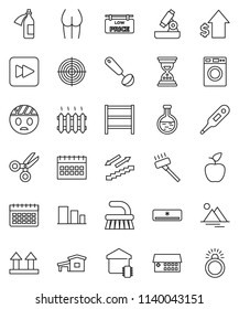 thin line vector icon set - vacuum cleaner vector, fetlock, washer, ladle, apple fruit, microscope, scissors, dollar growth, sand clock, calendar, buttocks, target, stairways run, top sign, sorting