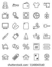 thin line vector icon set - towel vector, window cleaning, drying clothes, rubber glove, cleaner woman, knife, cutting board, magnet, wallet, investment, t shirt, cereals, earth, port, warehouse, tv