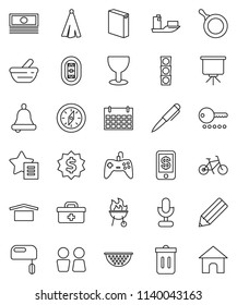 thin line vector icon set - trash bin vector, washing powder, water closet, pan, colander, towel, bbq, pencil, pen, bell, compass, presentation, cash, dollar medal, bike, calendar, stadium, ship