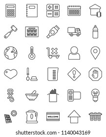 thin line vector icon set - welcome mat vector, toilet brush, measuring cup, meat hammer, pasta, copybook, calculator, schedule, arrow up, water bottle, calendar, earth, no trolley, hook, heart, pin