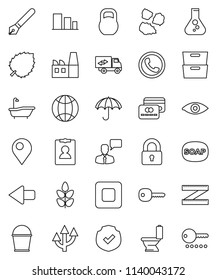 thin line vector icon set - soap vector, bucket, bath, toilet, garbage pile, pen, archive, flask, leaf, personal information, measuring, cereals, umbrella, sorting, protected, weight, speaking man