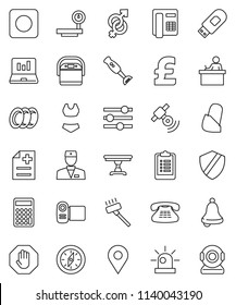 thin line vector icon set - vacuum cleaner vector, plates, blender, student, bell, compass, laptop graph, calculator, pound, clipboard, swimsuite, big scales, satellitie, classic phone, rec button