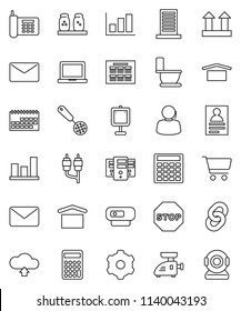 thin line vector icon set - toilet vector, skimmer, spices, notebook pc, schedule, presentation, personal information, graph, cart, calculator, phone, support, calendar, dry cargo, top sign, rca