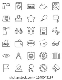 thin line vector icon set - soap vector, splotch, drying clothes, washer, sprayer, mixer, chicken leg, copybook, drawing compass, glasses, flag, dollar coin, yen sign, jump rope, prohibition, weight