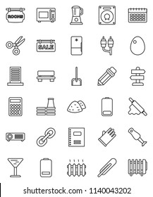 thin line vector icon set - scoop vector, rubber glove, garbage pile, rolling pin, microwave oven, blender, egg, copybook, pencil, scissors, calculator, calendar, signpost, glass, link, battery, rca