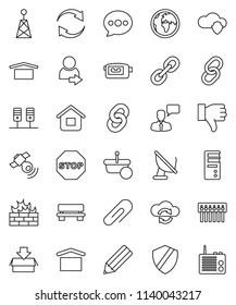 thin line vector icon set - pencil vector, earth, dry cargo, antenna, satellitie, video camera, speaking man, link, finger down, server, cloud shield, exchange, firewall, hub, message, bench, chain