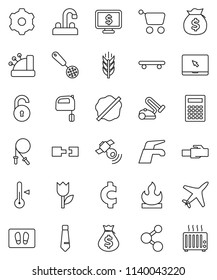 thin line vector icon set - water tap vector, splotch, welcome mat, skimmer, mixer, thermometer, calculator, money bag, tie, monitor dollar, cent sign, jump rope, skateboard, molecule, cereals, gear