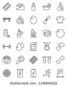 thin line vector icon set - egg vector, microscope, barbell, pills vial, horizontal bar, fitball, t shirt, target, medal, sports nutrition, enegry drink, water bottle, stairways run, bone, hoop