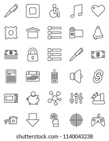 thin line vector icon set - microwave oven vector, pen, bell, calculator, music, piggy bank, arrow down, any currency, target, calendar, dry cargo, speaker, settings, remote control, touchscreen