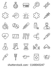 thin line vector icon set - flask vector, heart pulse, pills vial, molecule, ambulance star, disabled, thermometer, dna, magnifier, insemination, syringe, dropper, crutches, sand clock, bottle