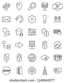 thin line vector icon set - antenna vector, internet, server, notebook network, cloud lock, gear, equalizer, firewall, hub, favorites, arrow, undo, loading, mail, hierarchy, route, document, unlock