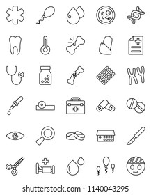thin line vector icon set - doctor bag vector, ambulance star, thermometer, eye, dna, magnifier, dropper, scissors, scalpel, broken bone, stethoscope, pills, bottle, blister, hat, microbs, anamnesis