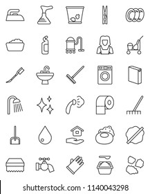 thin line vector icon set - soap vector, plunger, cleaner trolley, vacuum, scoop, rake, clothespin, sponge, trash bin, water drop, tap, car fetlock, shining, splotch, iron, steaming, washer, plates