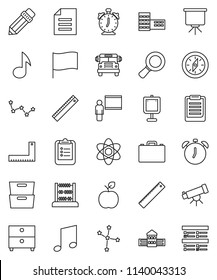 thin line vector icon set - pencil vector, school building, blackboard, corner ruler, case, apple fruit, atom, telescope, alarm clock, clipboard, compass, bus, abacus, presentation, music, document