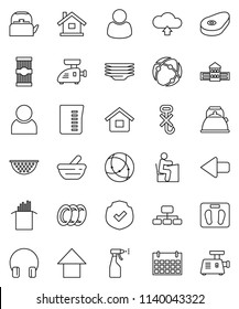 thin line vector icon set - sprayer vector, plates, kettle, colander, measuring cup, pasta, steak, school building, student, arrow up, hierarchy, scales, calendar, no hook, protected, headphones