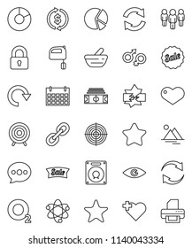 thin line vector icon set - mixer vector, atom, exchange, pie graph, man, stadium, target, calendar, heart cross, oxygen, link, favorites, eye, gender sign, mortar, disconnection, message, refresh
