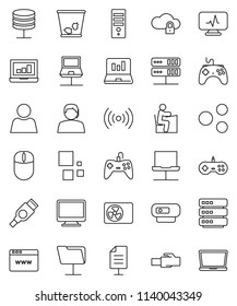 thin line vector icon set - trash bin vector, student, laptop graph, support, gamepad, hdmi, diagnostic monitor, notebook network, folder, server, cloud lock, big data, browser, lan connector, share