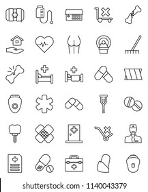thin line vector icon set - rake vector, house hold, heart pulse, buttocks, pills, first aid kit, no trolley, doctor bag, ambulance star, crutches, broken bone, patch, anamnesis, hospital bed