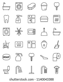 thin line vector icon set - soap vector, cleaner trolley, mop, scoop, bucket, sponge, window cleaning, welcome mat, bath, toilet, liquid, shining, paper, shower, tooth, implant, windmill, washer