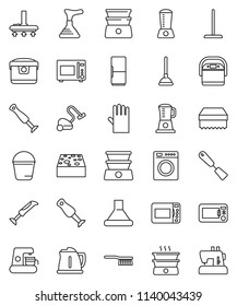 thin line vector icon set - plunger vector, vacuum cleaner, fetlock, mop, bucket, sponge, rubber glove, kettle, spatula, microwave oven, double boiler, blender, fridge, washer, coffee maker, hood