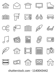 thin line vector icon set - microwave oven vector, pen, blackboard, glasses, calculator, music, cash, roller Skates, money, dry cargo, film frame, monitor, link, mail, share, bench, water supply