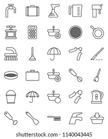 thin line vector icon set - plunger vector, broom, water tap, fetlock, bucket, pan, kettle, measuring cup, cook press, whisk, spatula, grater, sieve, case, hand trainer, umbrella, scalpel, supply