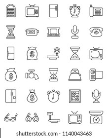 thin line vector icon set - water tap vector, washboard, kettle, glasses, alarm clock, abacus, money bag, sand, phone, big scales, film frame, tv, video camera, microphone, classic, fridge, kitchen